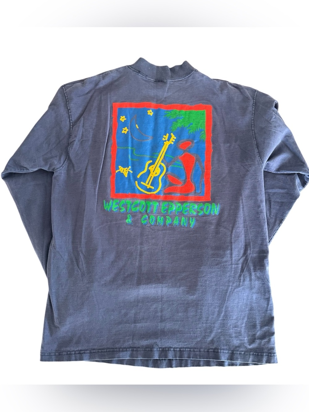 Vintage Fruit of the Loom 1995 Navy Blue Long-Sleeve Mock Neck Tee Bold Graphic